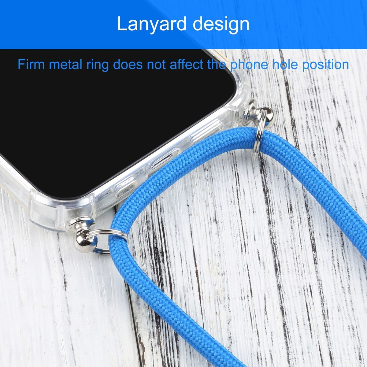 Ein blaues Telefon-Lanyard mit einem Telefon, platziert auf einer Holzoberfläche.