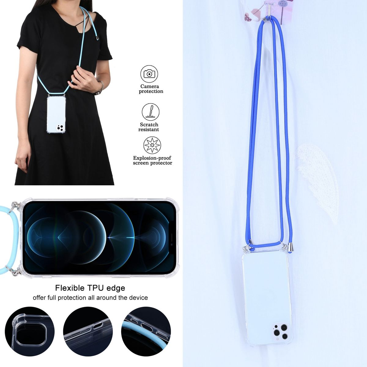 Frau, die eine Handyhülle mit einem Lanyard trägt. Es ist blau. Das Telefon ist weiß.