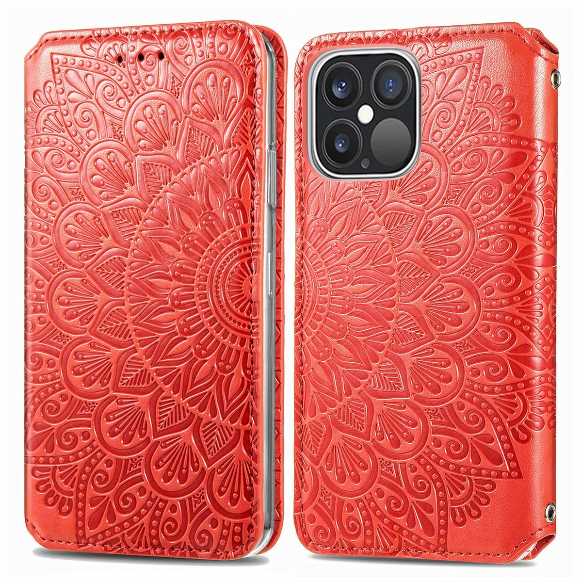Rote Handyhülle mit Mandala-Design. Geöffnet, Innenansicht sichtbar.