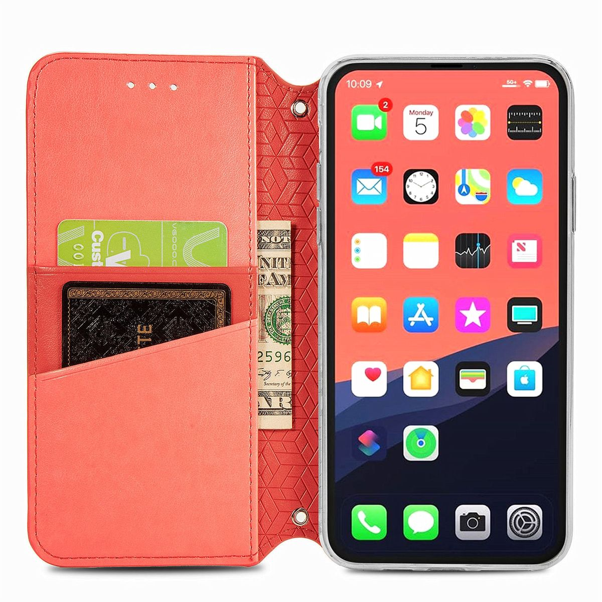 Eine rote Handyhülle, mit einem Telefon darin, offen und zeigt den Bildschirm, mit Karten und Geld darin.