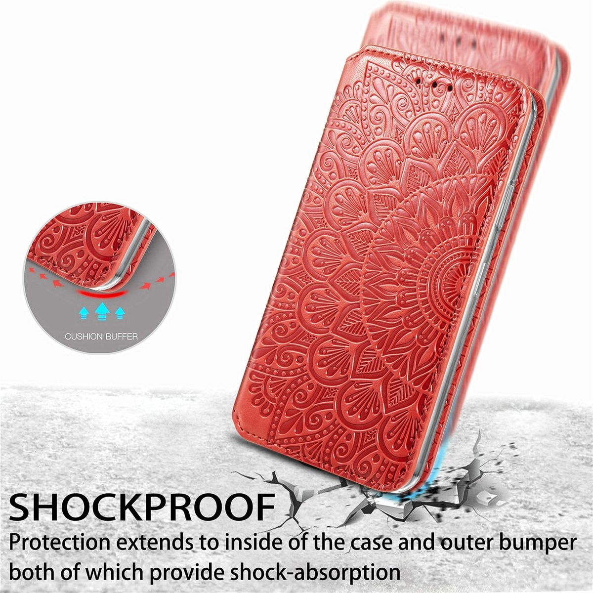 Rote Handyhülle mit geprägtem Muster und dem Text 'SHOCKPROOF'. Gezeigt wird das Case.
