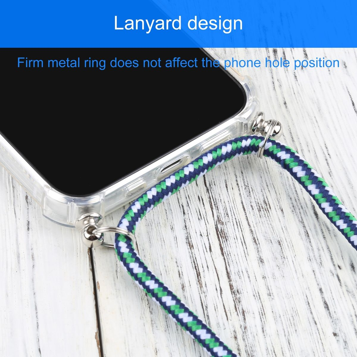 Ein Telefon mit einem Schlüsselband, das Schlüsselband ist weiß, grün und blau.