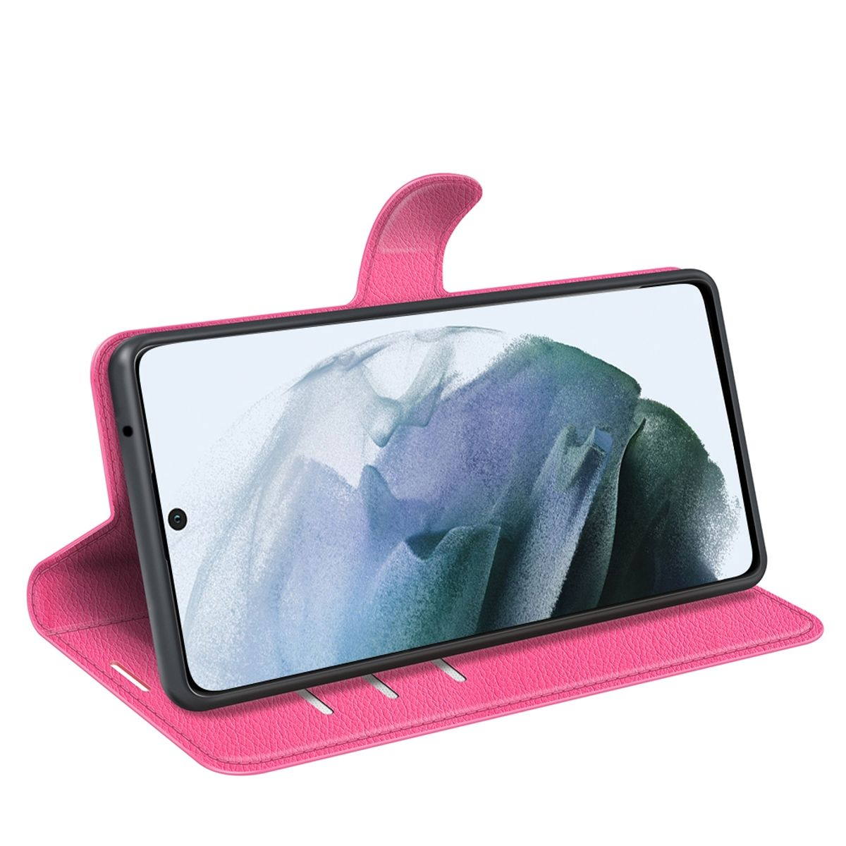 Rosa Handyhülle geöffnet, ein Telefon zeigend. Das Telefon zeigt ein Bild.