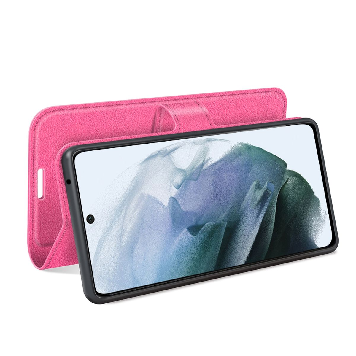 Offene pinke Handyhülle mit schwarzem Telefon, zeigt den Bildschirm. Lederhülle.