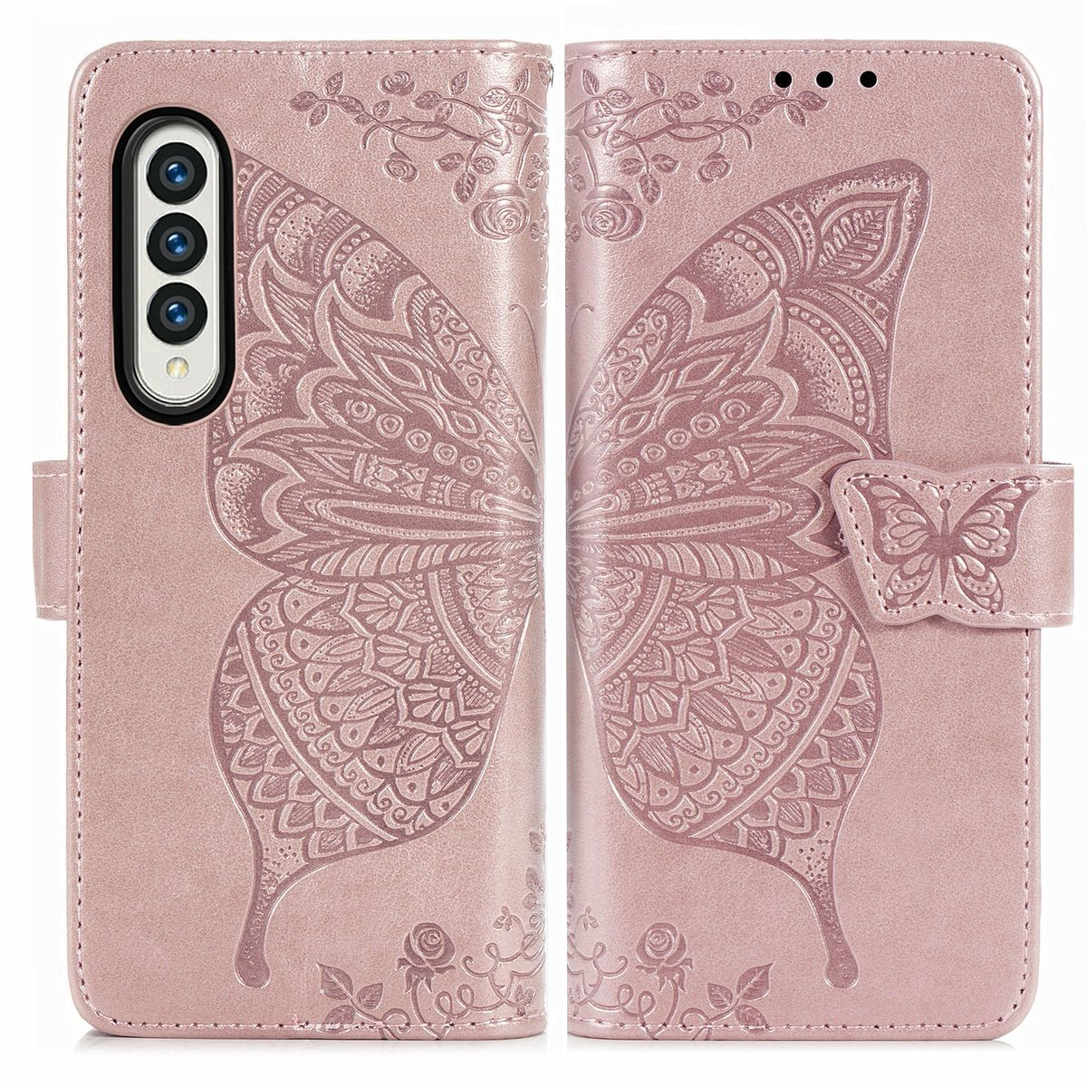 Rosa Handyhülle mit Schmetterlingsdesign, geöffnet und geschlossen. Mit Telefonkamera.