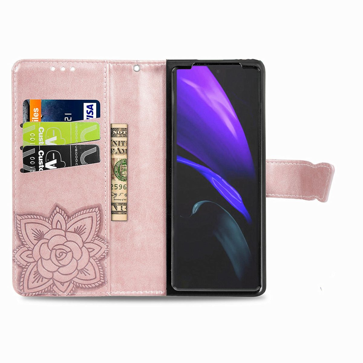 Rosa Handyhülle mit Telefon. Verfügt über Kartenfächer und Bargeldaufbewahrung. Blumendesign.