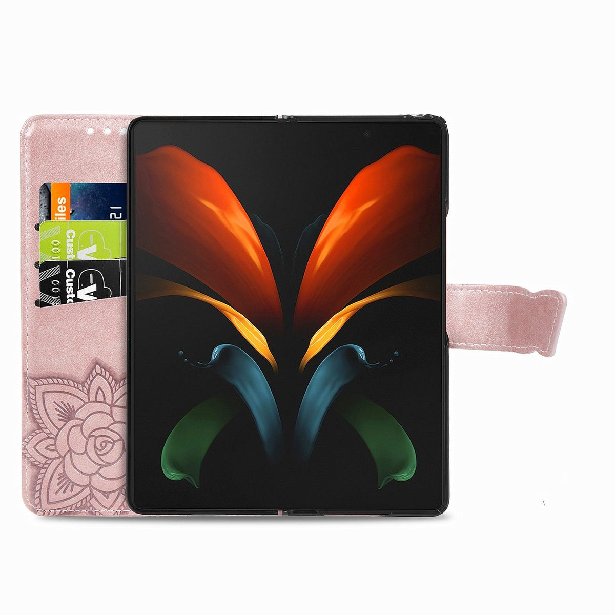 Geöffnete pinkfarbene Handyhülle mit farbigem Bild, Karten und Blumenmuster auf dem Telefon.