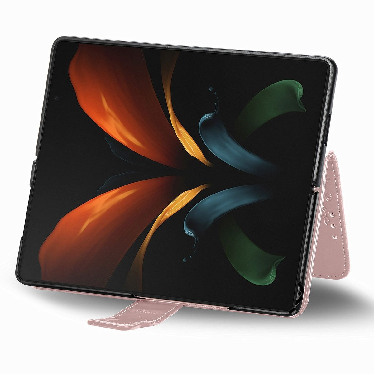 Faltbares Tablet in rosa Hülle, zeigt farbenfrohes abstraktes Bild.