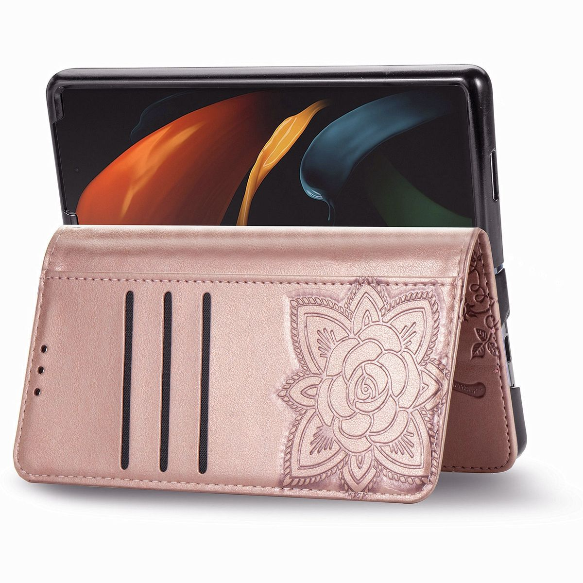 Roségoldenes Handycase mit Blumendesign, offen, zeigt ein schwarzes Handy.