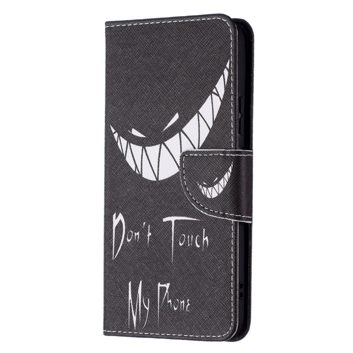 Schwarze Handyhülle mit grusligem Gesicht und Text 'Don't Touch My Phone'.