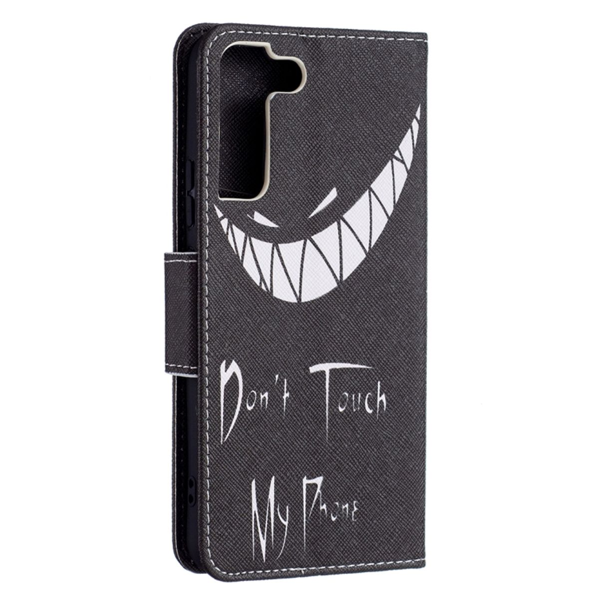 Eine schwarze Handyhülle mit einem Smiley-Gesicht und dem Schriftzug 'Don't Touch My Phone'.