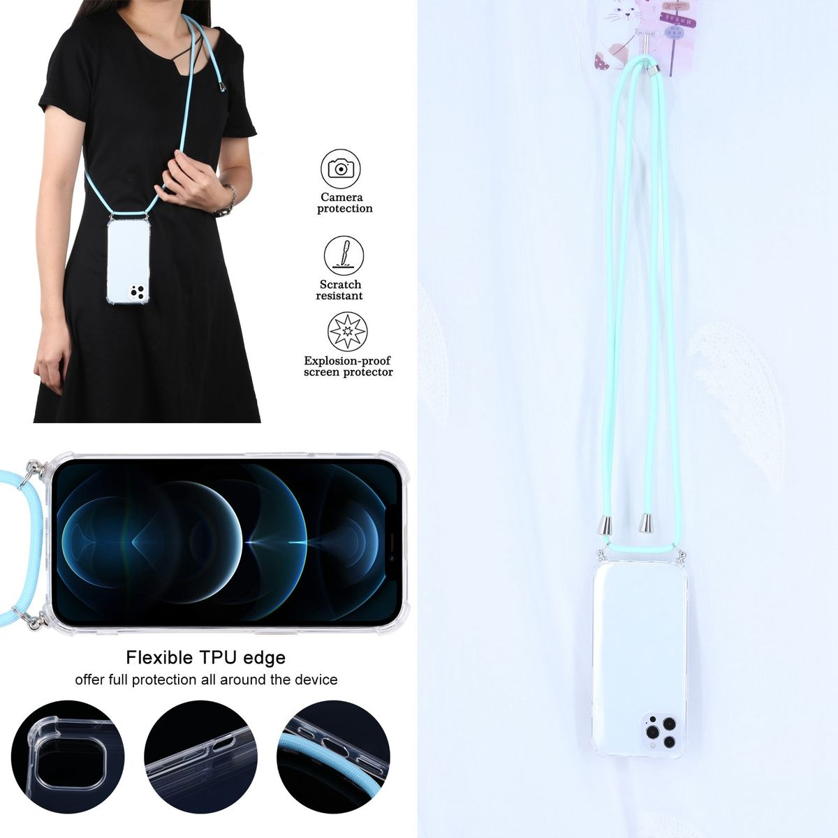 Ein Telefon mit einer Hülle mit Halsband. Das Telefon ist weiß und hat einen hellblauen Riemen.