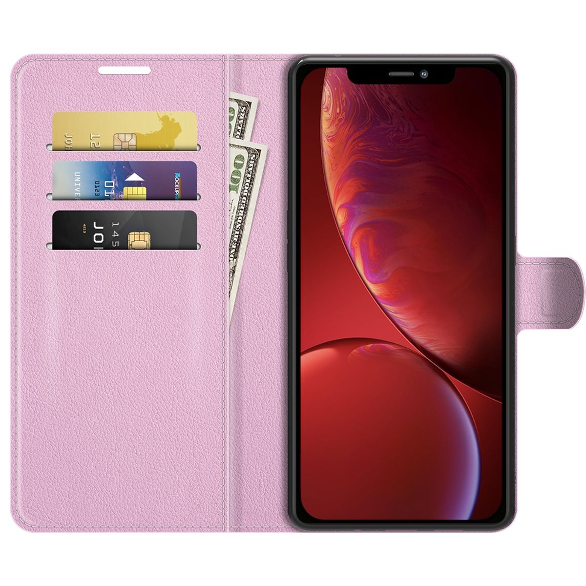 Ein offenes, rosa Handy-Etui mit Karten, Bargeld und einem Telefon mit rotem und pinkfarbenem Bildschirm.