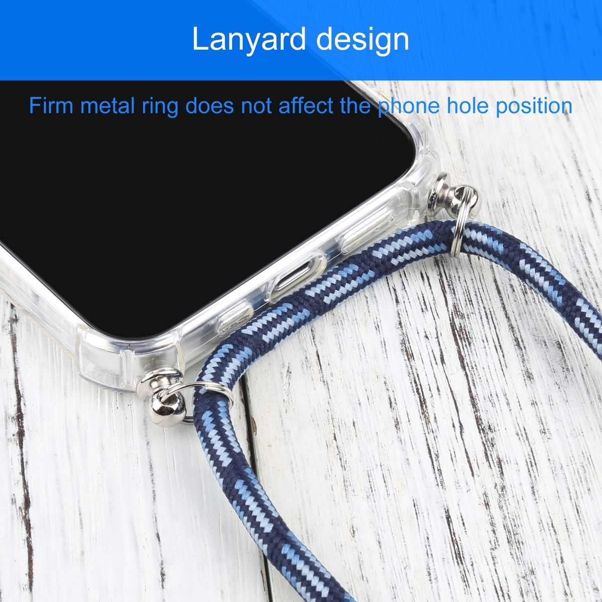 Nahaufnahme eines an einem Telefon befestigten Telefon-Lanyards. Das Schlüsselband ist blau und weiß gemustert.