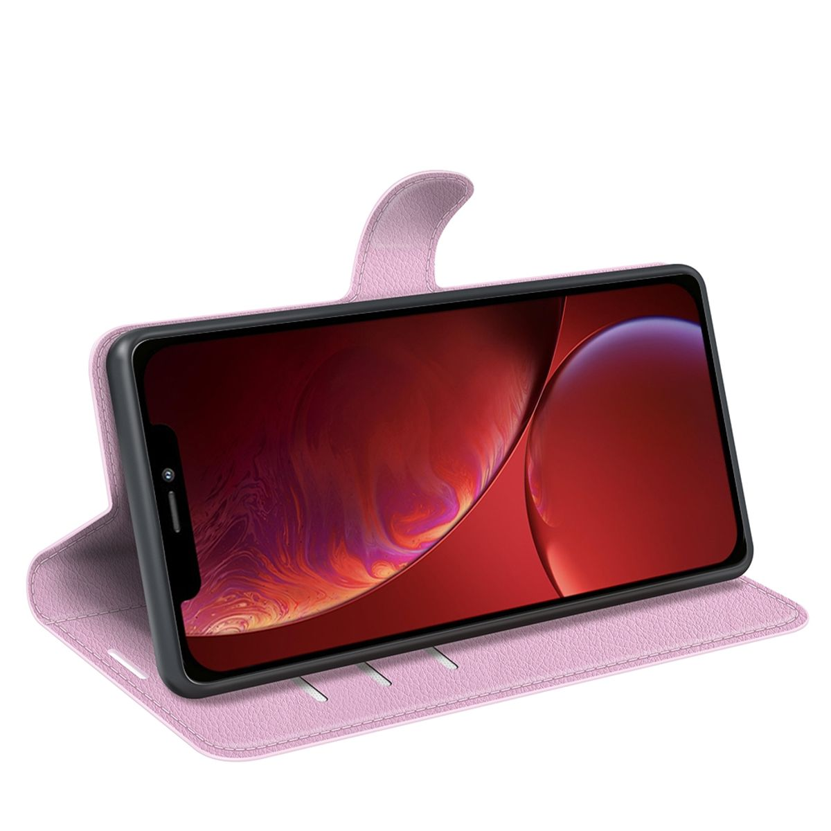 Rosa Handyhülle, geöffnet, hält ein Telefon mit rotem und lila Hintergrund.