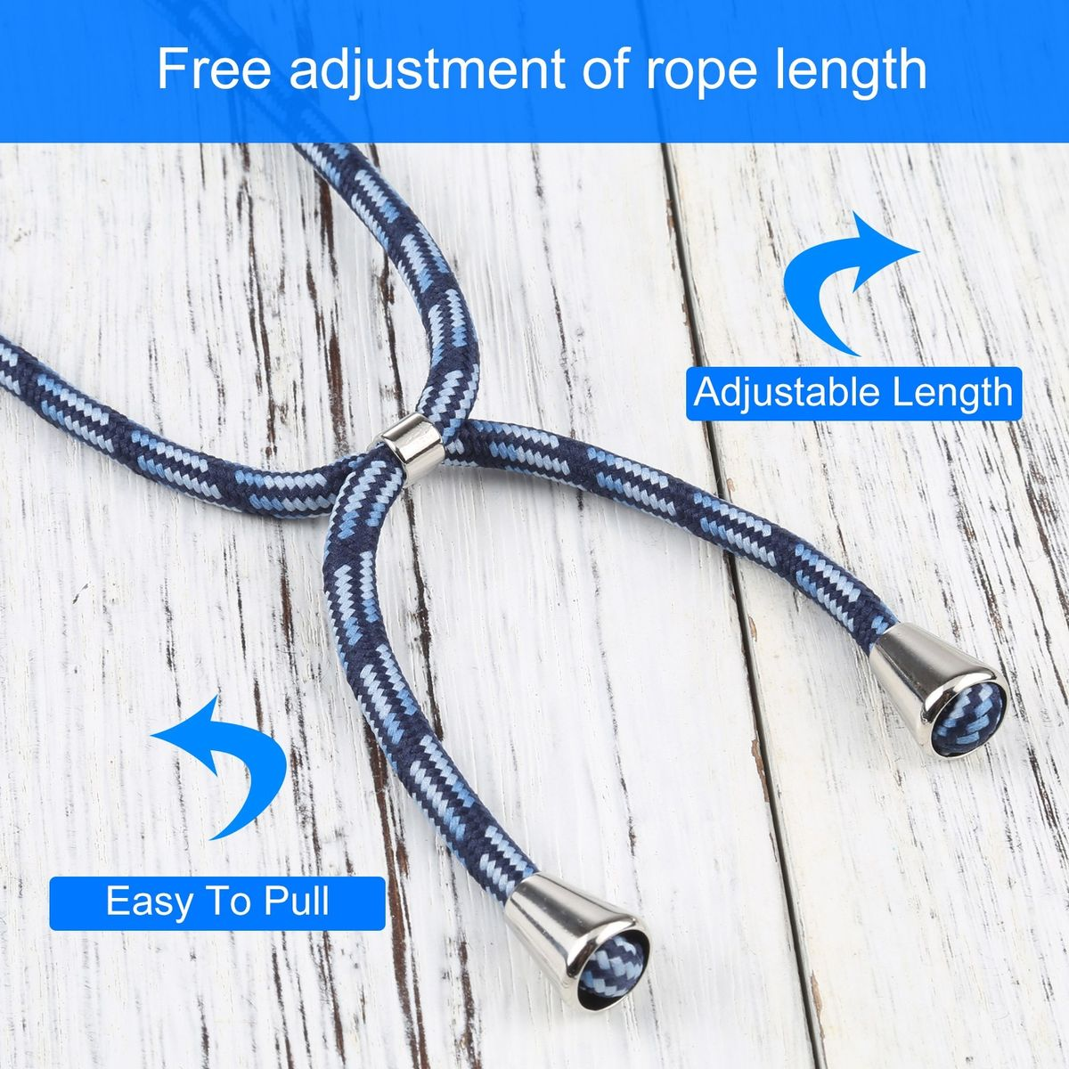 Ein blau-weißes Telefon-Lanyard mit silbernen Enden, mit Pfeilen, die die Einstellbarkeit anzeigen.