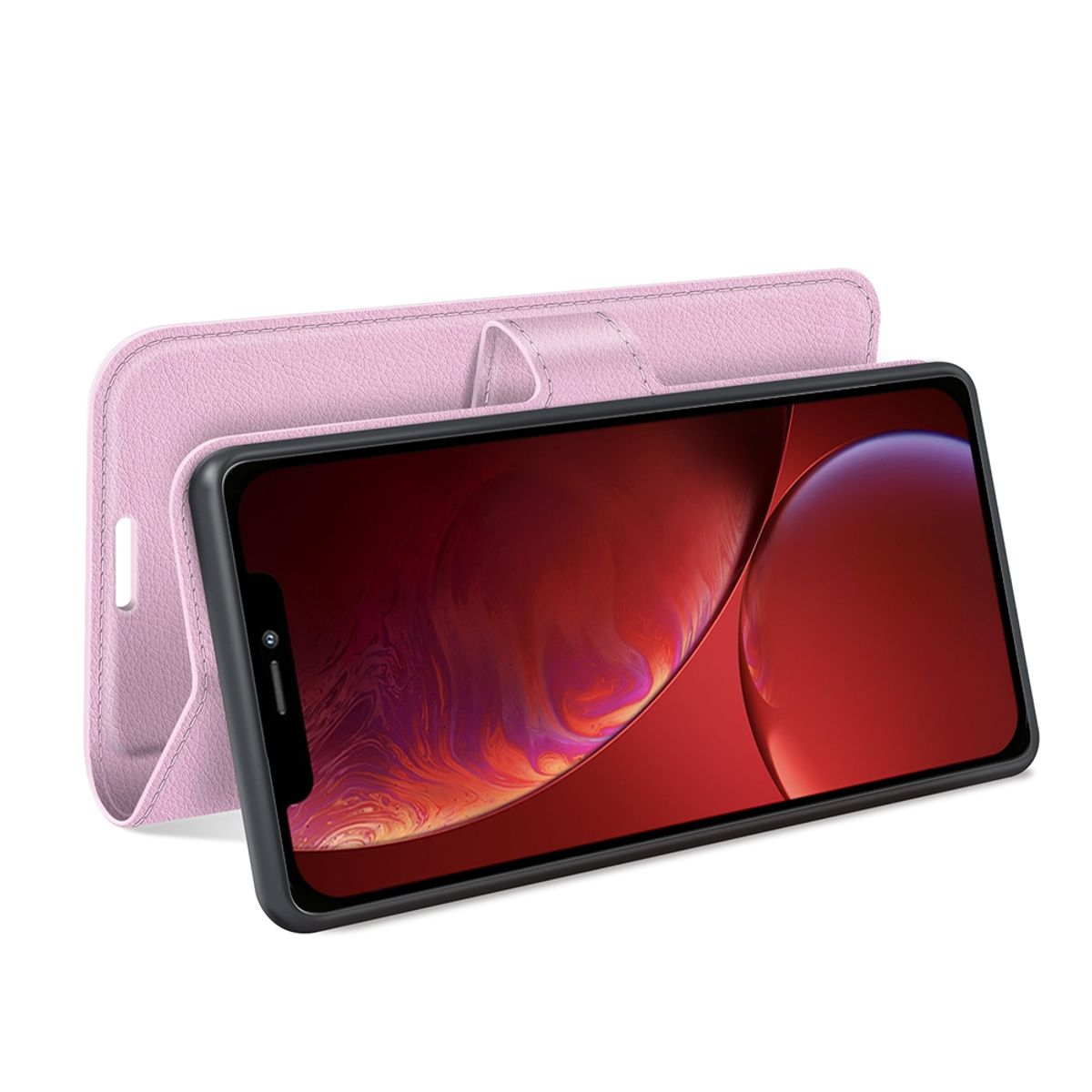 Rosa Handyhülle mit Telefon, zeigt den Telefonbildschirm. Die Hülle ist geöffnet.