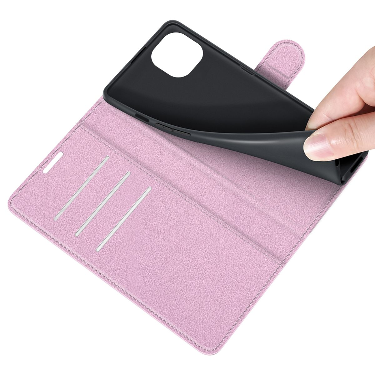 Eine Hand, die eine Handyhülle hält, rosa mit Kartenfächern innen.