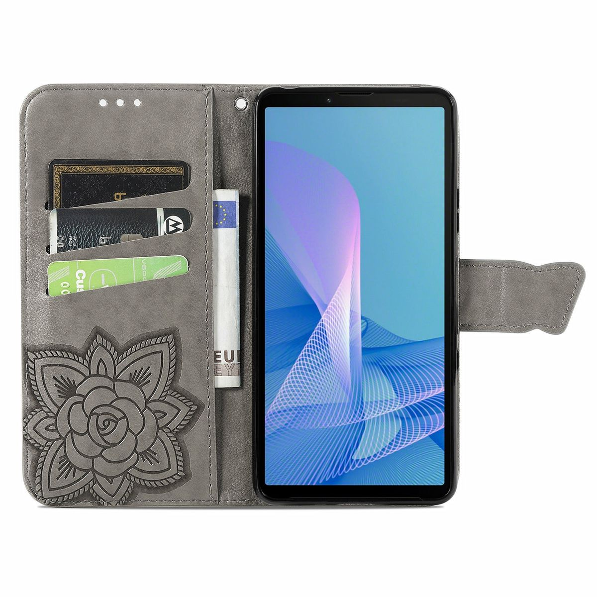 Graue Handyhülle offen mit Telefon innen. In den Kartenfächern befinden sich Karten und Geld.