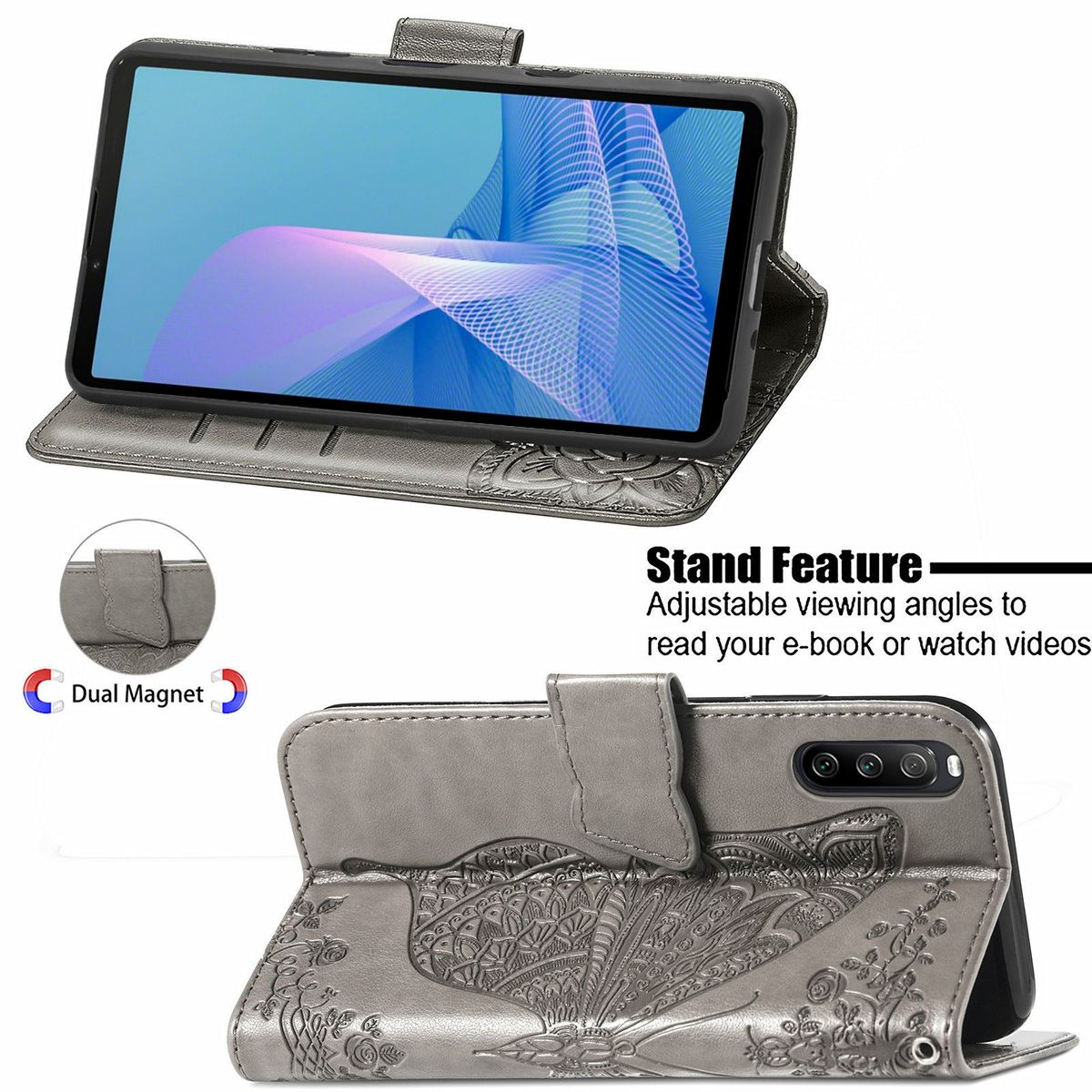 Graue Handyhülle mit Schmetterlingsdesign. Telefon ist innen, mit Doppelmagneten. Text sagt Standfunktion.