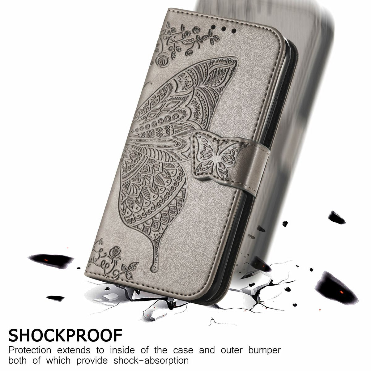 Eine graue Handyhülle mit Schmetterlingsdesign. Das Telefon ist innen. Der Hintergrund hat einen Riss-Effekt.