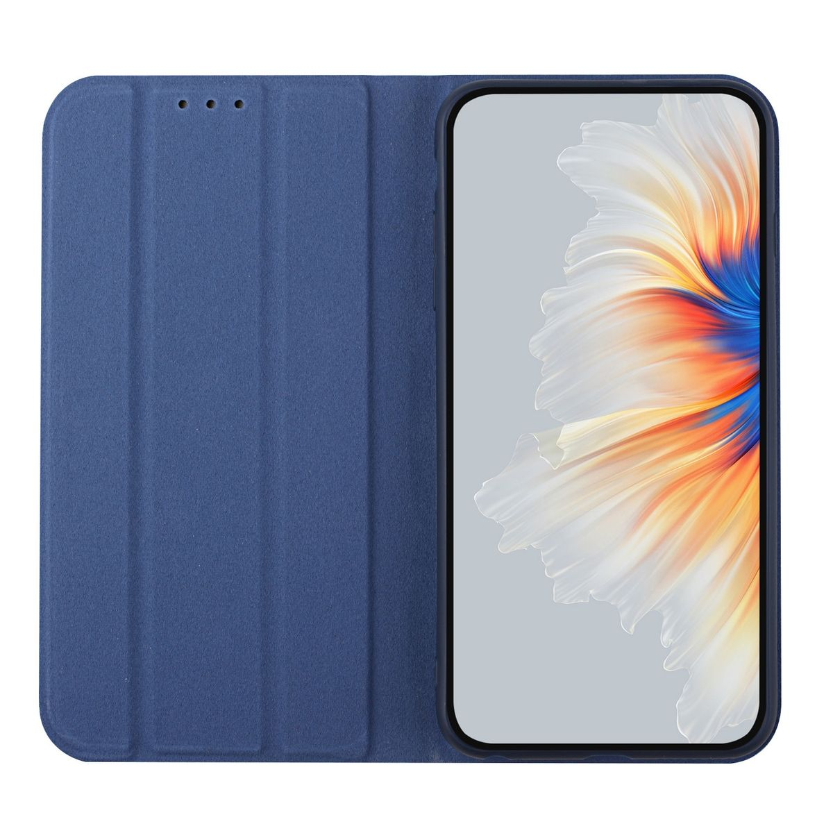 Eine blaue Handyhülle, geöffnet mit einem Telefon darin. Der Bildschirm des Telefons zeigt ein farbenfrohes Bild.