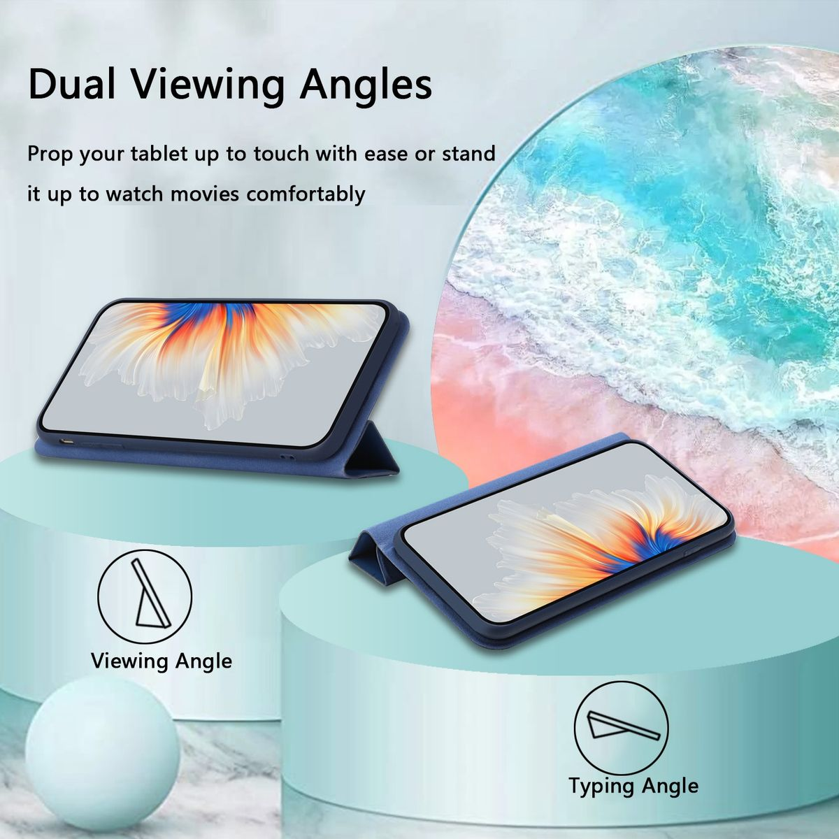 Zwei Tablets in blauen Hüllen, eines aufgestellt und eines flach. Text: 'Dual Viewing Angles' und 'Typing Angle'.