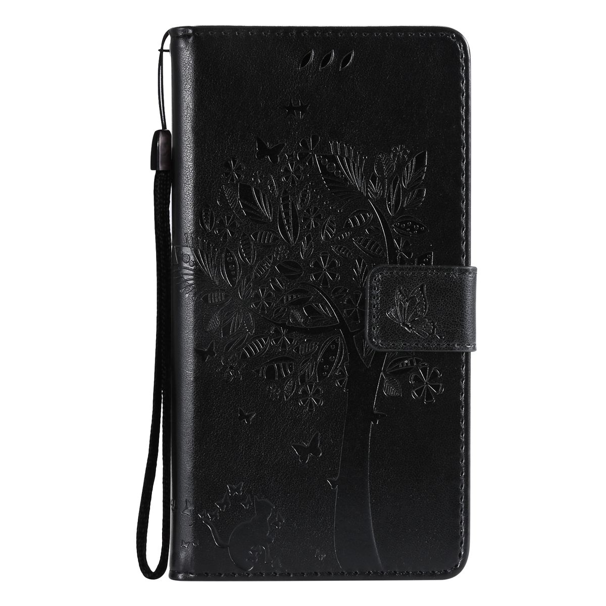 Eine schwarze Handyhülle mit einem Baumdesign. Das Telefon ist innen. Der Hintergrund ist weiß.