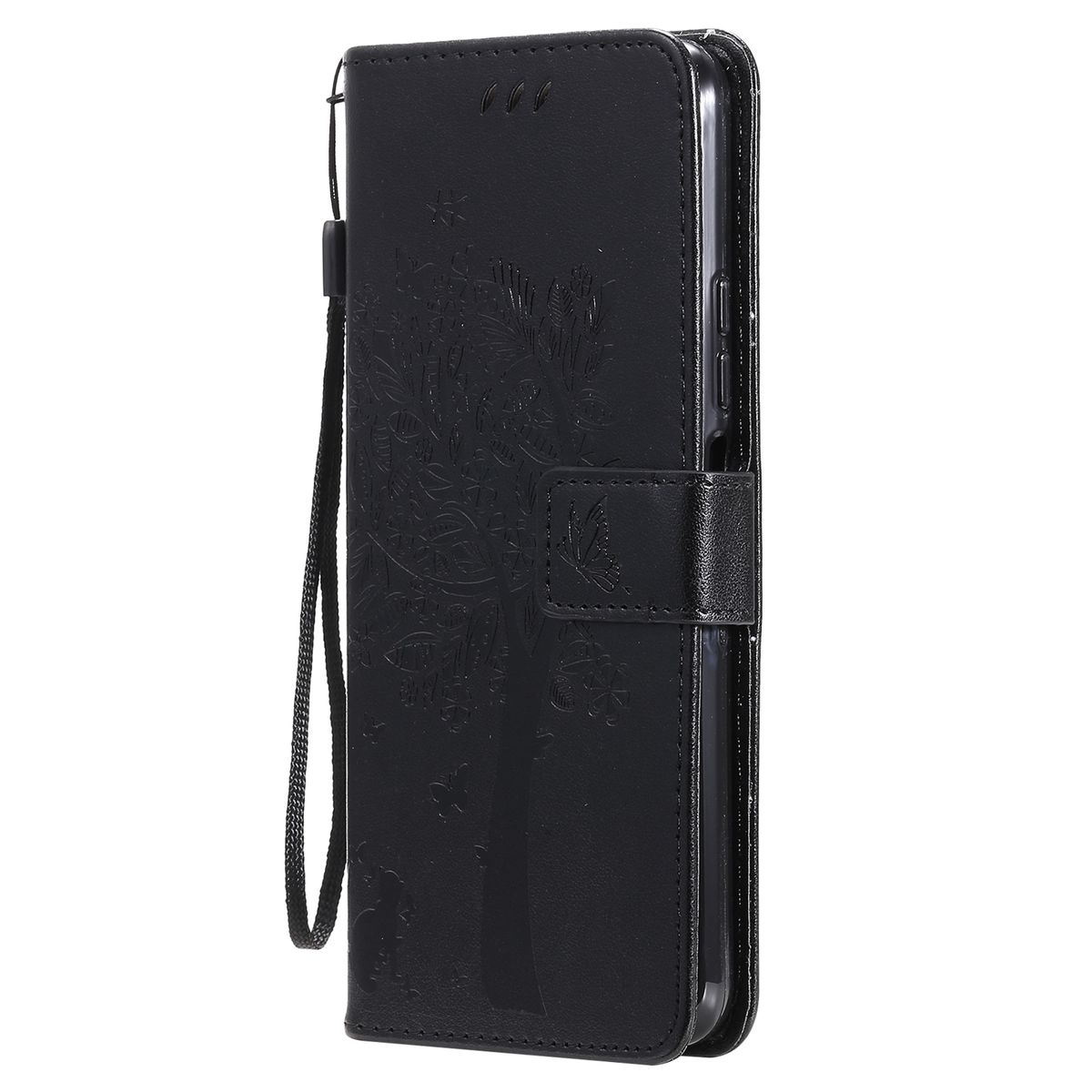 Schwarze Handyhülle mit floralem Design und Handschlaufe, geschlossen.
