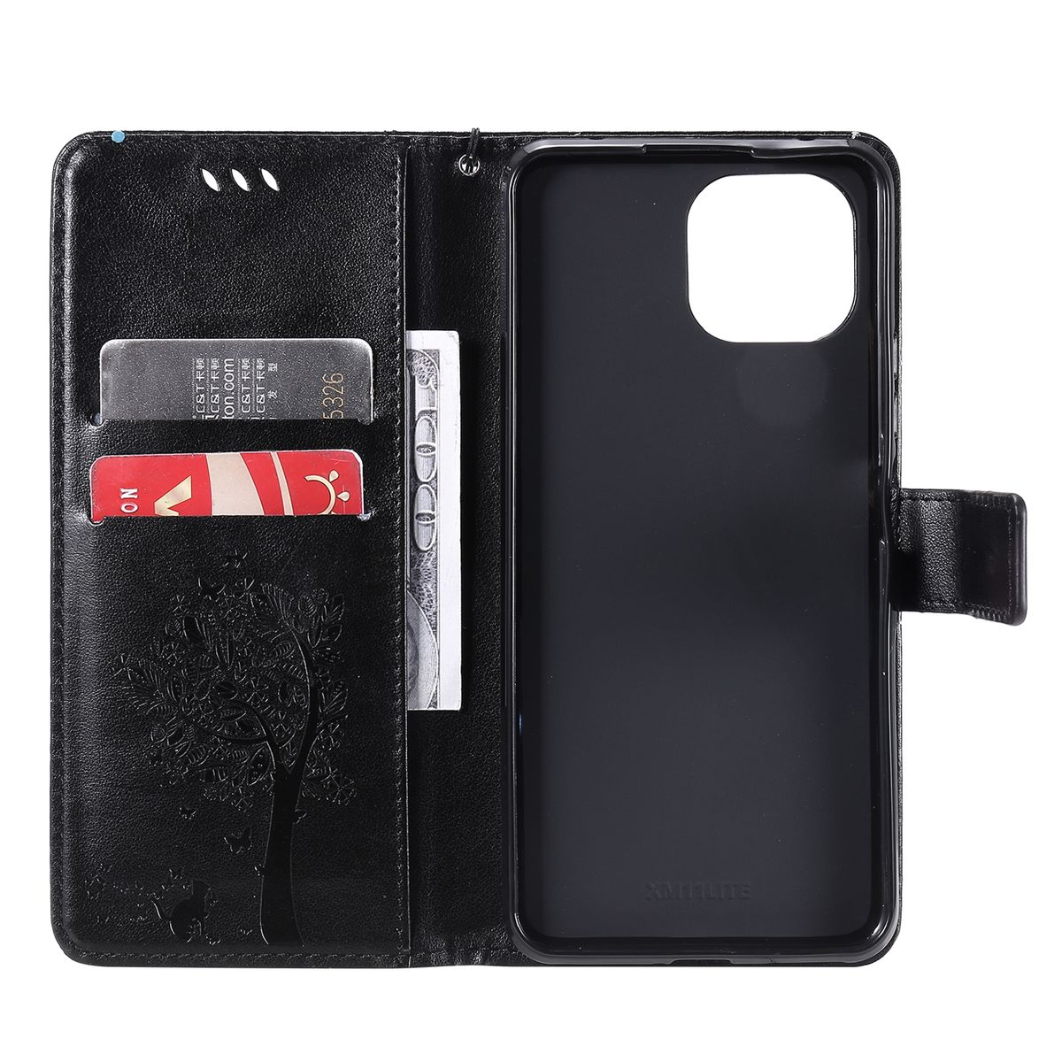 Geöffnete schwarze Handyhülle, zeigt ein Baumdesign, Karten und Geld. Das Telefon ist nicht sichtbar.