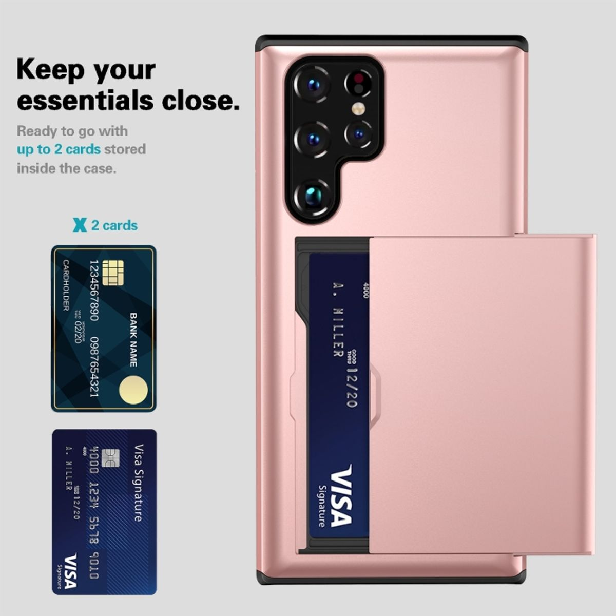 Roségoldene Handyhülle mit Kartenfächern, 2 Karten gezeigt: Visa und eine Bankkarte.