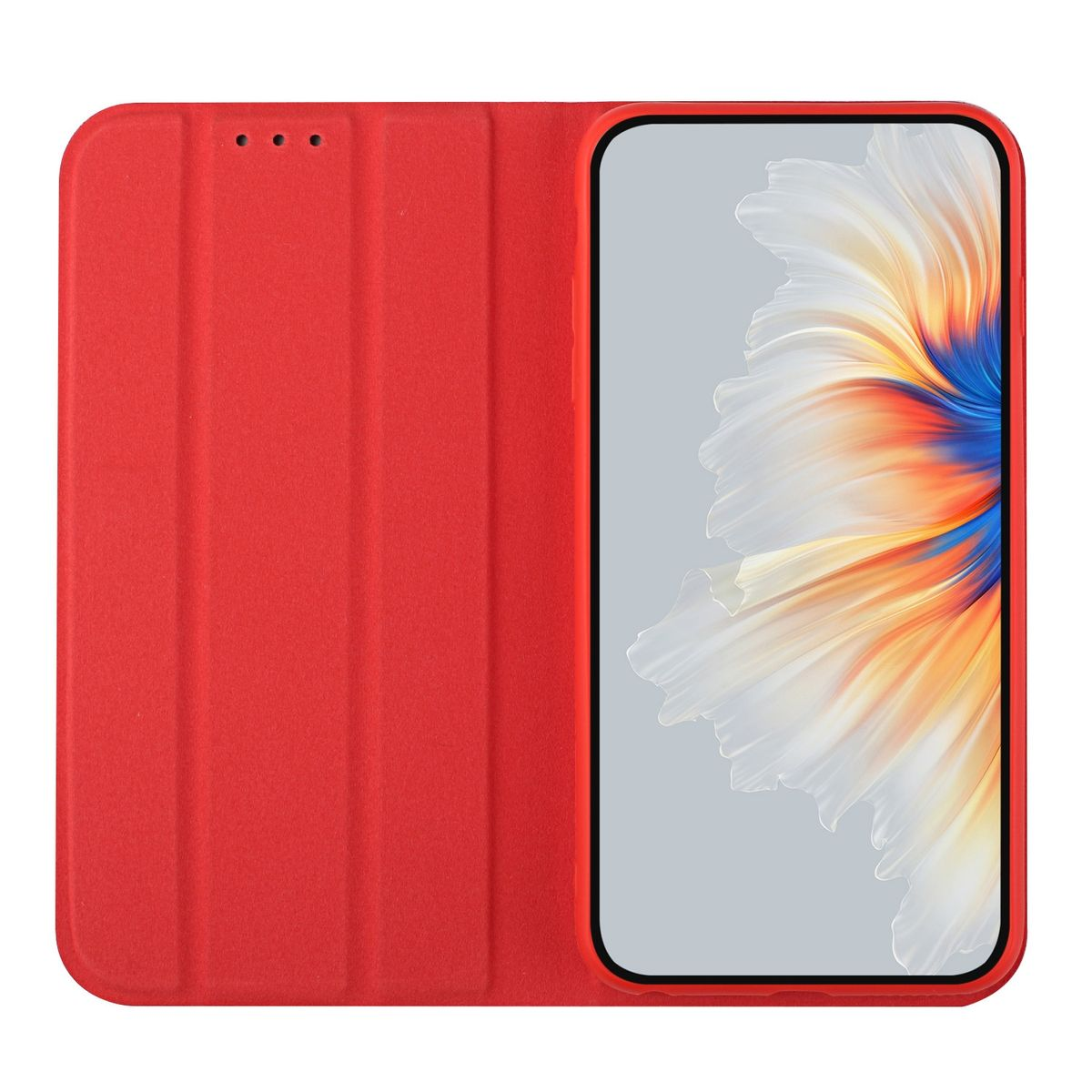 Eine rote Handyhülle, geöffnet, um ein Telefon mit einer Blumengrafik auf dem Bildschirm zu zeigen.