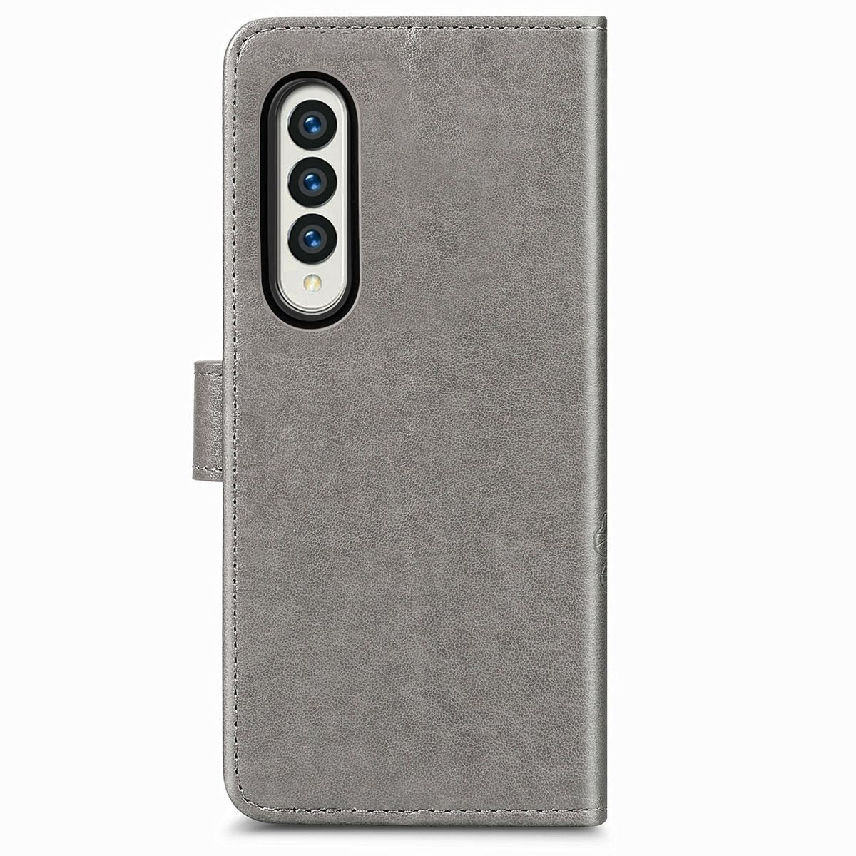 Graue Brieftaschen-Handyhülle. Geschlossen. Enthält Kamera auf der Rückseite. Das Telefon ist zugeklappt.