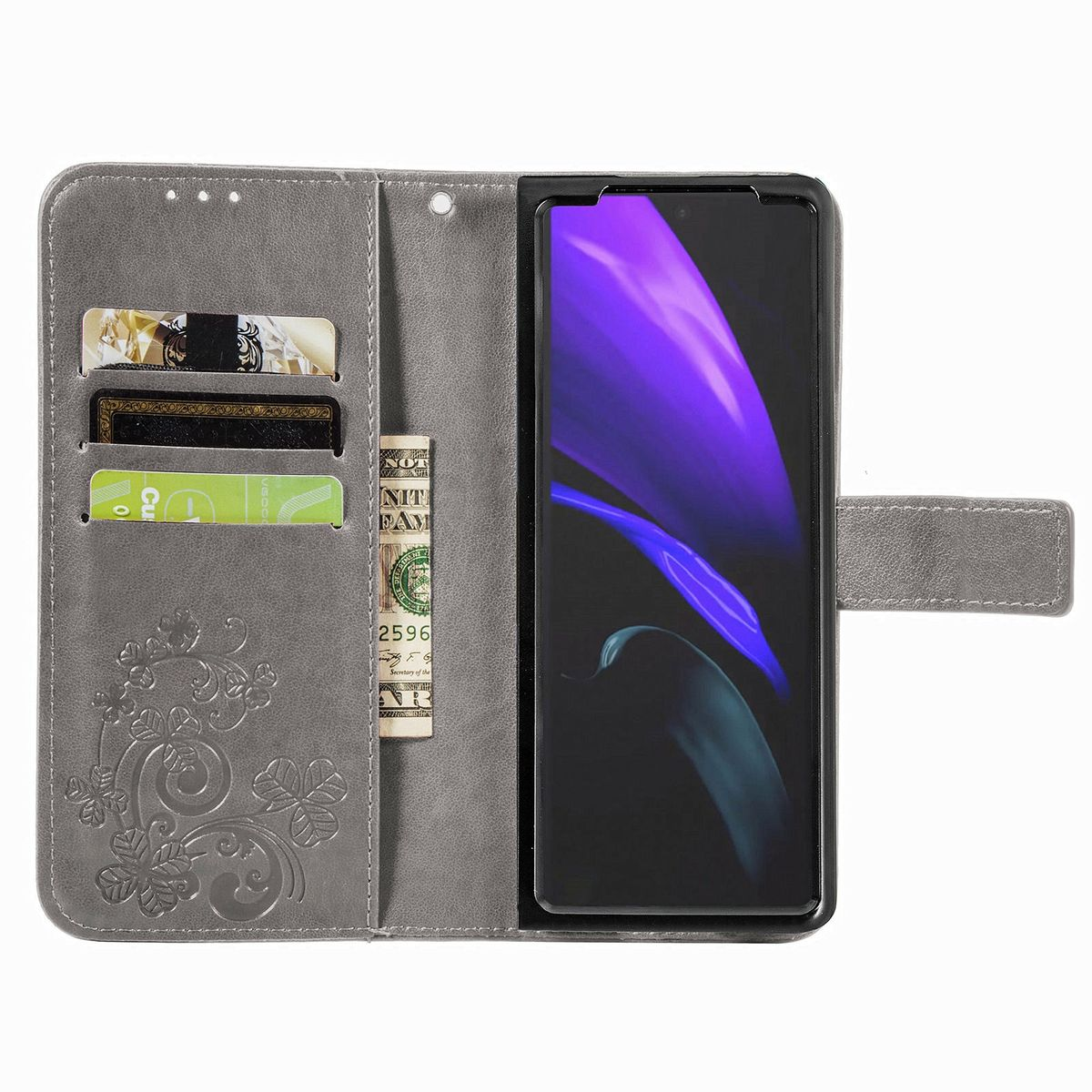 Graue Handyhülle mit Karten- und Geldfächern, hält ein Telefon. Offen, mit Telefonbildschirm.
