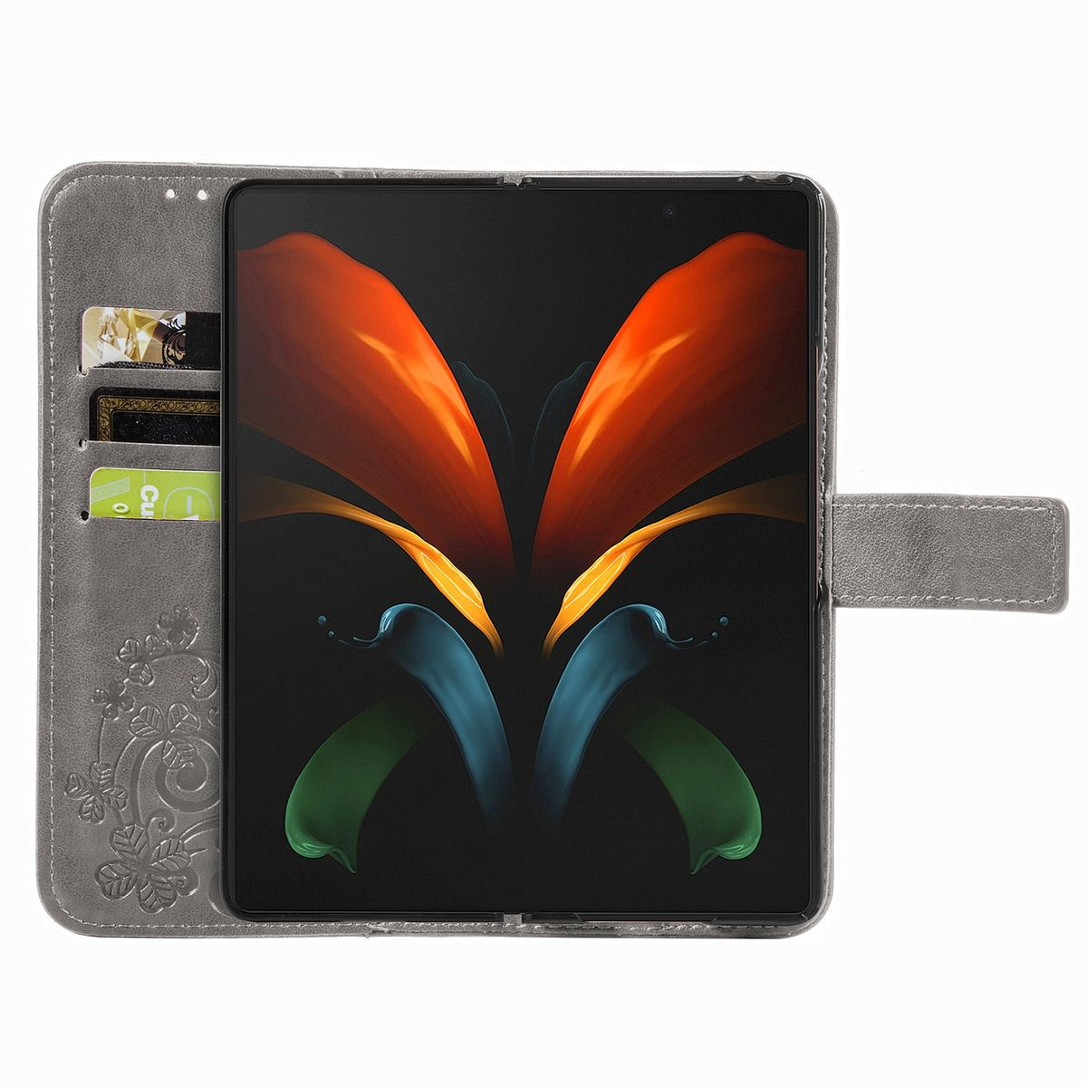 Graue Handyhülle mit Tablet. Das Tablet zeigt bunte abstrakte Kunst.