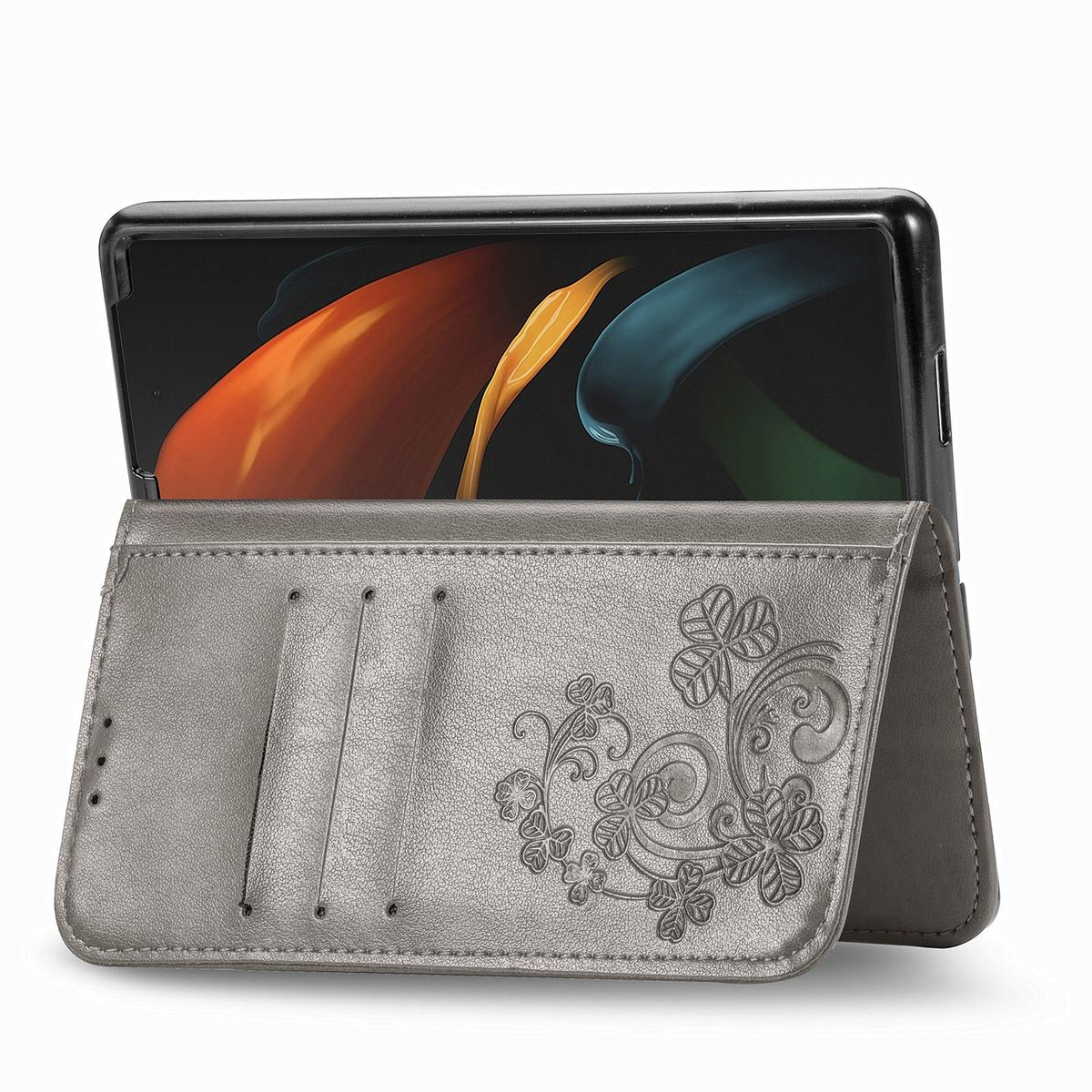 Eine graue Handyhülle mit floralem Design. Sie ist offen und zeigt den Bildschirm des Telefons.
