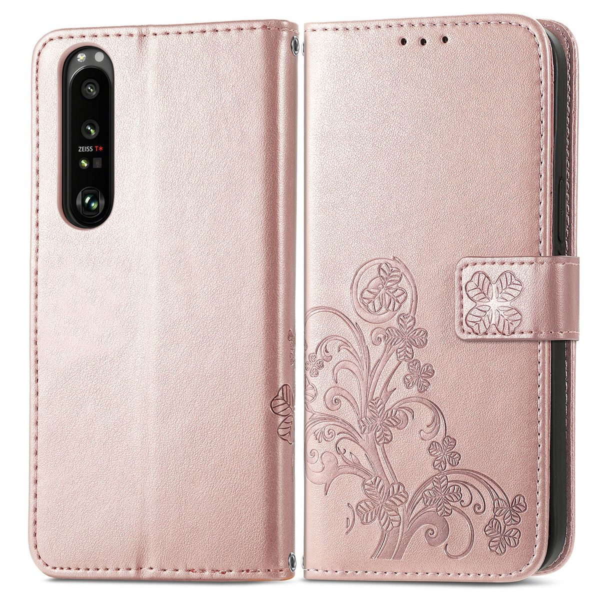 Rosafarbene Handyhülle geöffnet, um ein Telefon zu zeigen. Blumendesign auf der Vorderseite mit Magnetverschluss.