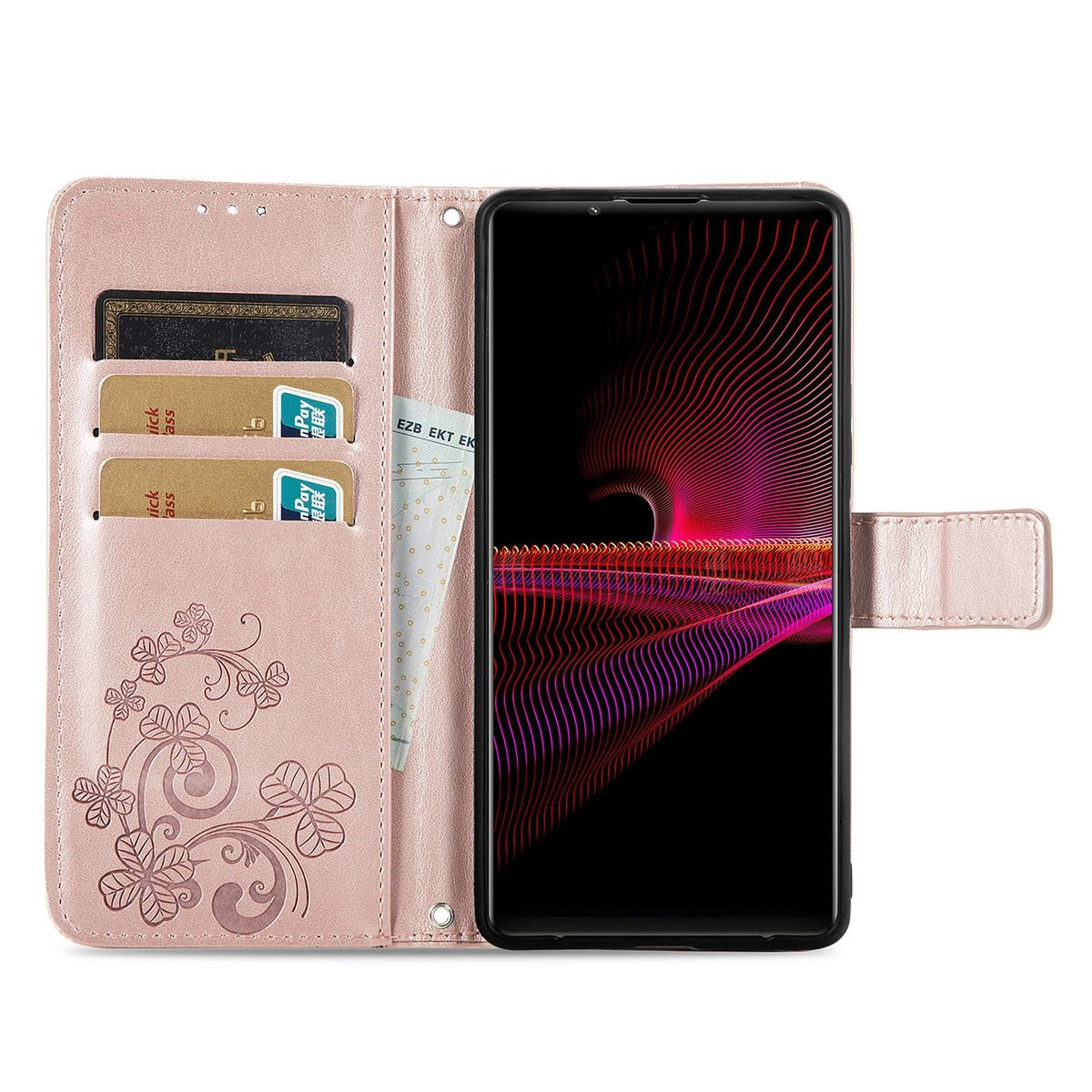 Geöffnete rosa Handyhülle, zeigt ein Telefon und Kartenfächer. Blumendesign auf der linken Seite.