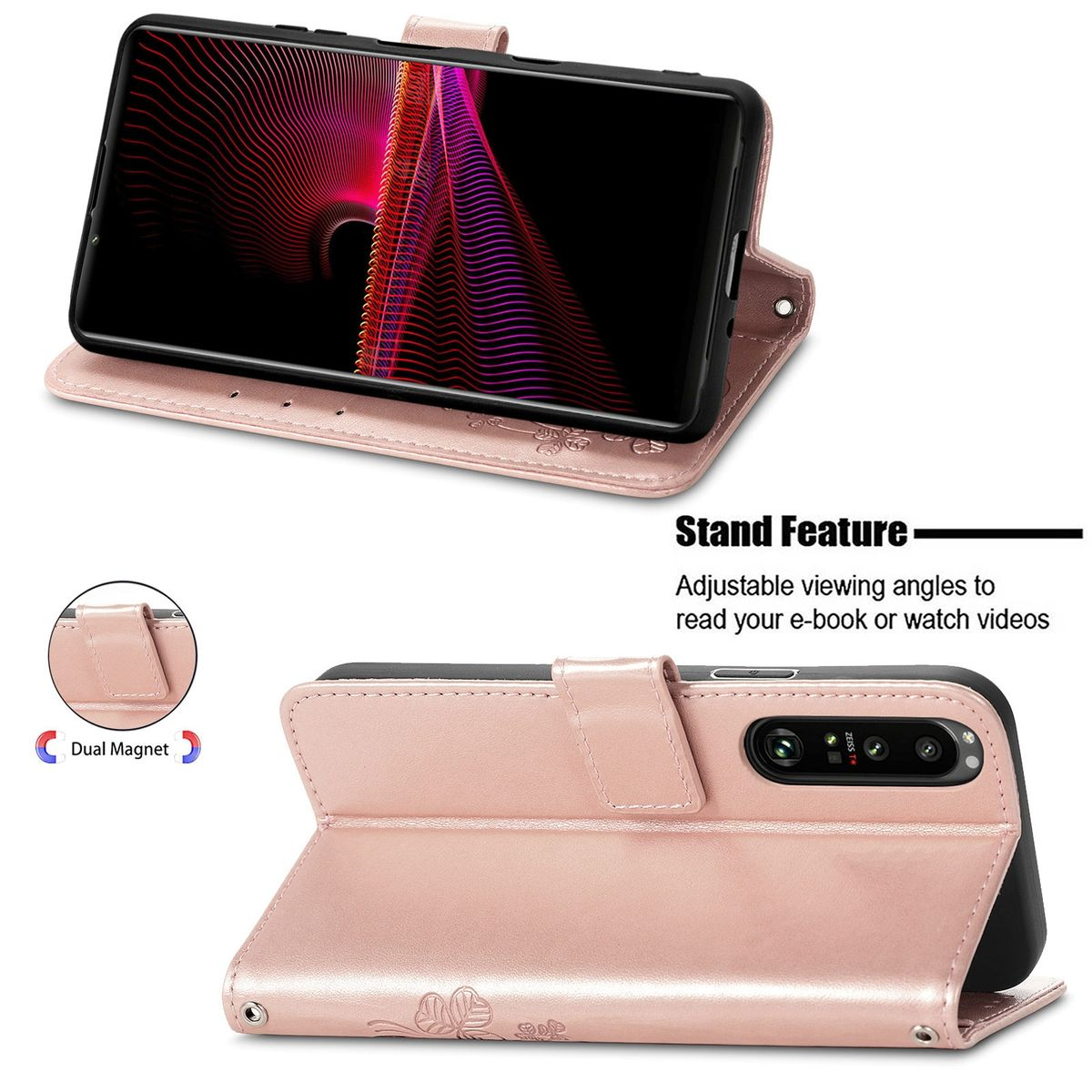 Rosafarbene Handyhülle mit Telefon, geöffnet zur Standfunktion. Duale Magnete.