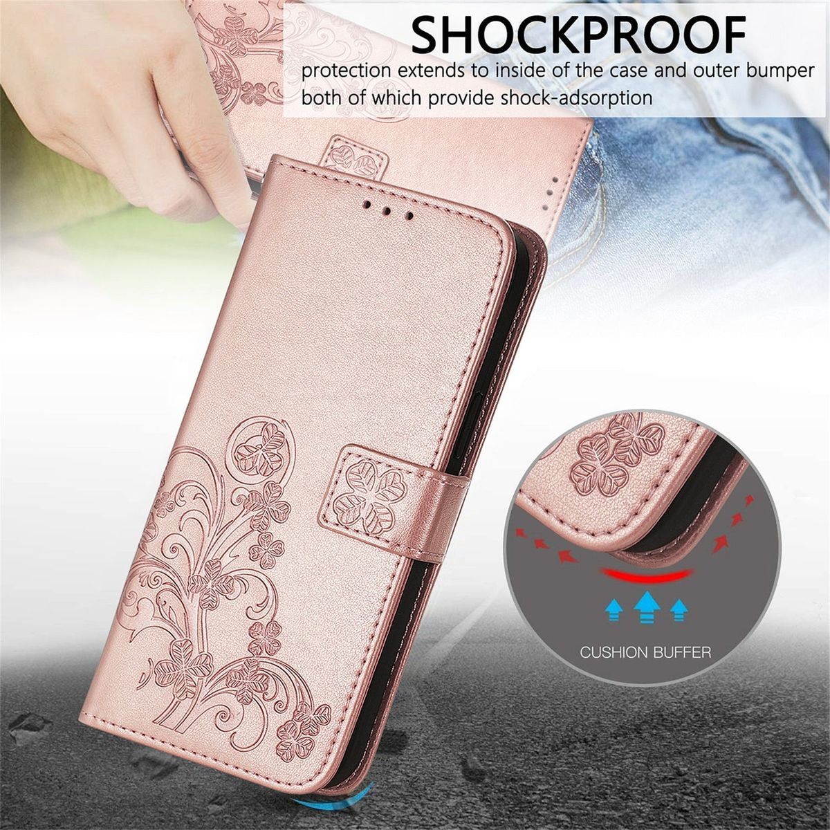 Roségoldene Handyhülle, offen, mit floralem Design. Zeigt Kissenschutz. Lederstrukturierte Hülle.