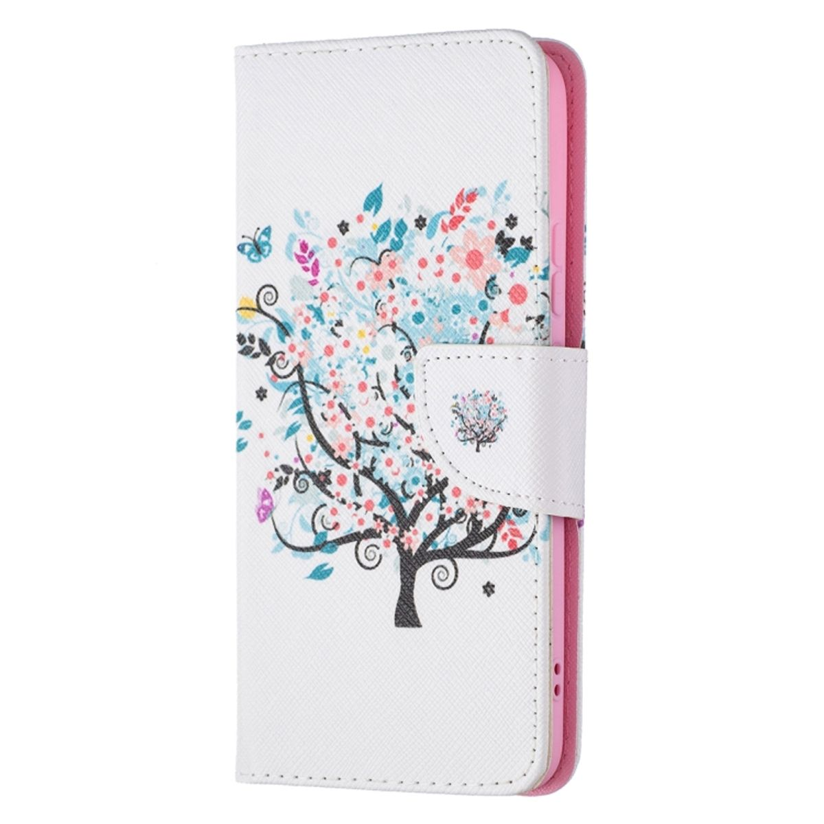 Weiße Handyhülle mit floralem Design, Telefon mit rosa Rand.