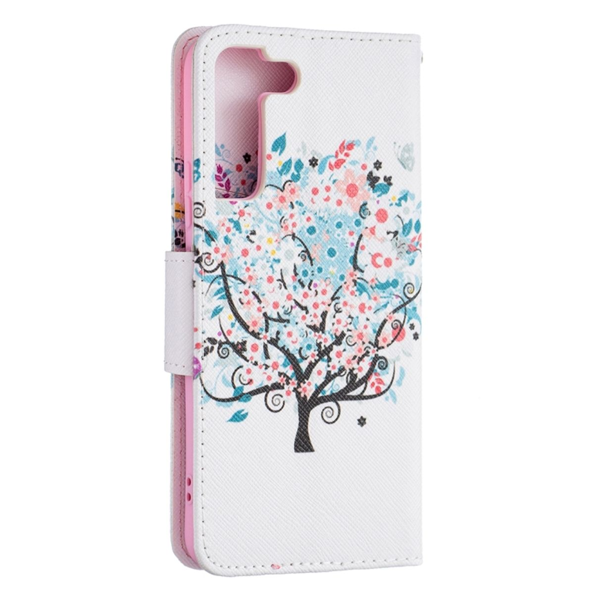 Weiße Handyhülle mit floralem Baumdesign und rosa Akzenten.