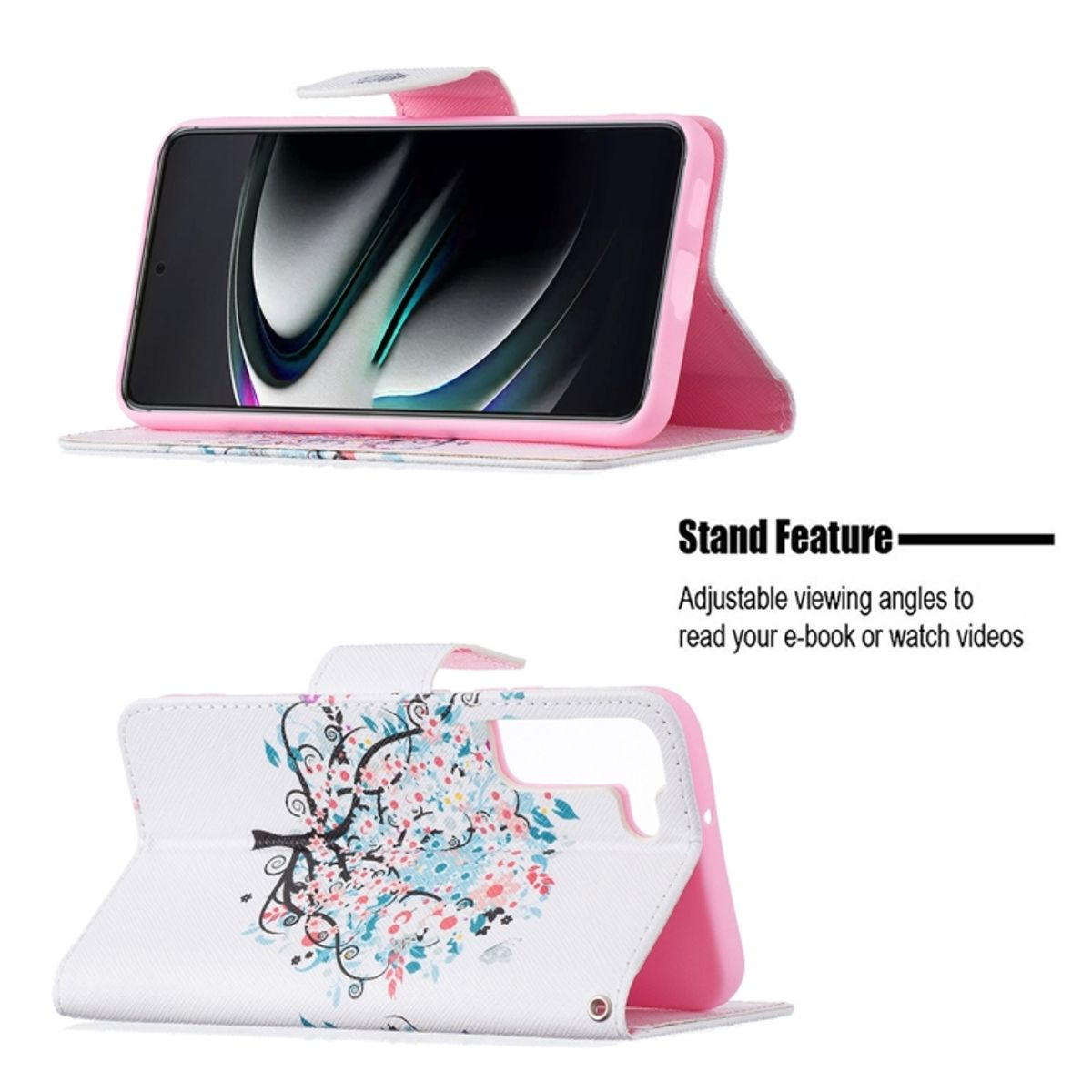 Handyhülle mit Blumendesign, Telefon innen. Öffnet sich zur Standfunktion. Rosa.