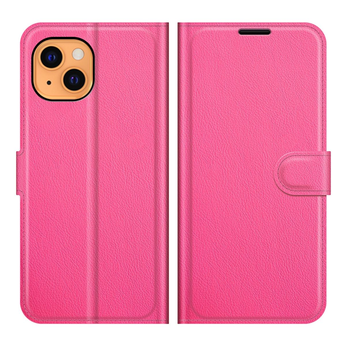 Eine rosa Handyhülle, rechts geschlossen, mit Knopf und Verschluss.