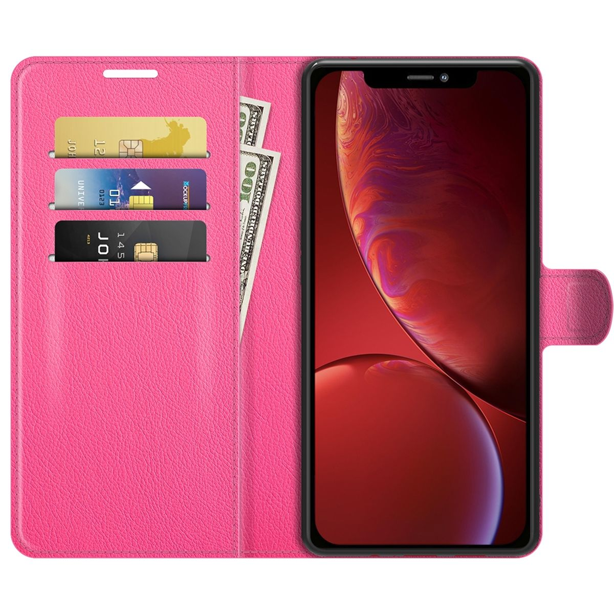 Rosa Handyhülle mit Fächern für Karten und Geld. Telefon hat einen rot-orangen Bildschirm.
