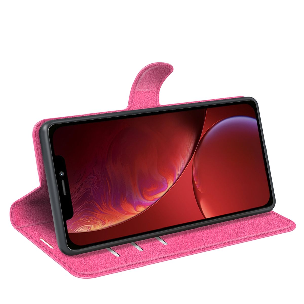 Eine pinkfarbene Handyhülle ist geöffnet und zeigt ein Handy mit rotem und orangem Hintergrund.