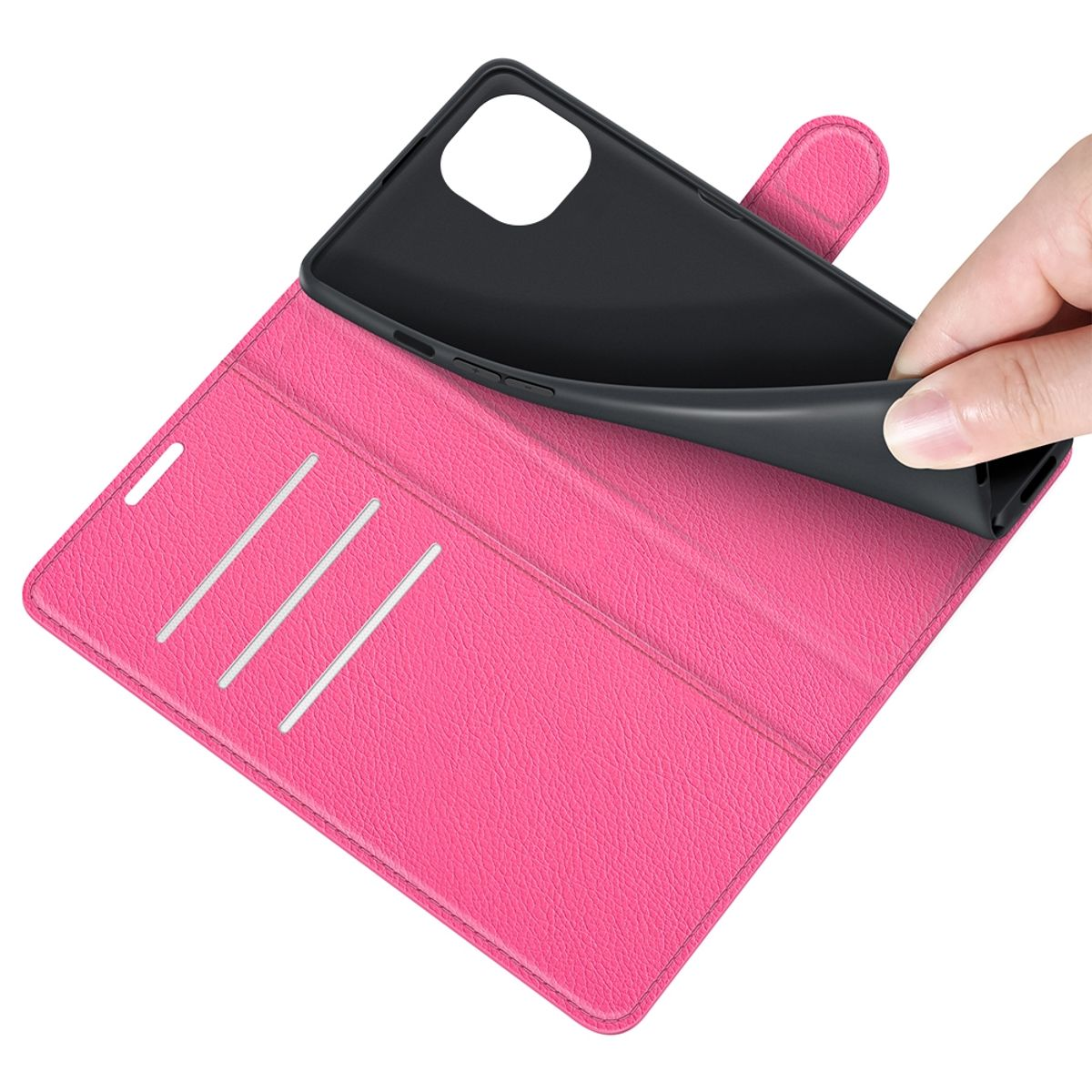 Offene rosa Handyhülle, schwarzer Telefoninnenraum, Hand, die die Hülle hochhält.