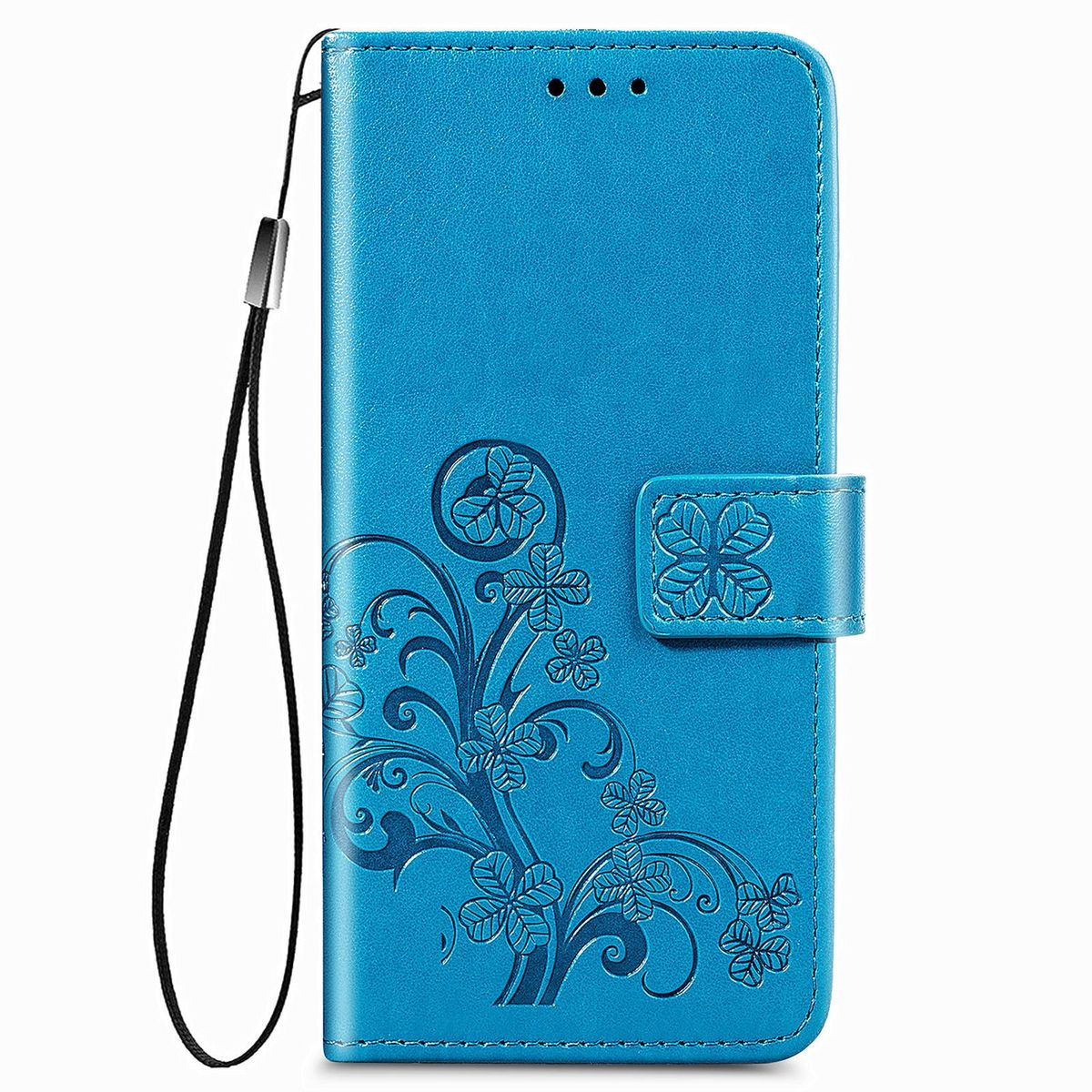 Blaue Handyhülle mit Blumenmuster. Geschlossen, mit Riemen. Weißer Hintergrund.