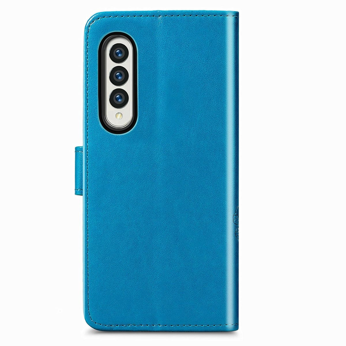 Eine blaue Handyhülle mit Kameramodul und einem Magnetverschluss an der Seite.