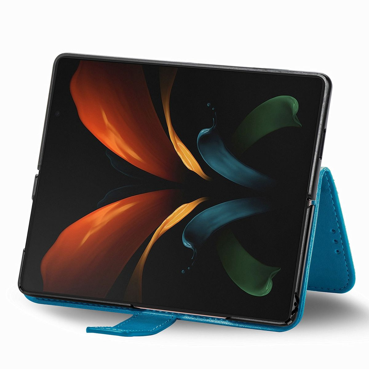 Tablet-Hülle, blau, aufgeklappt, zeigt Tablet mit abstrakter Kunst in Orange, Grün und Blau.